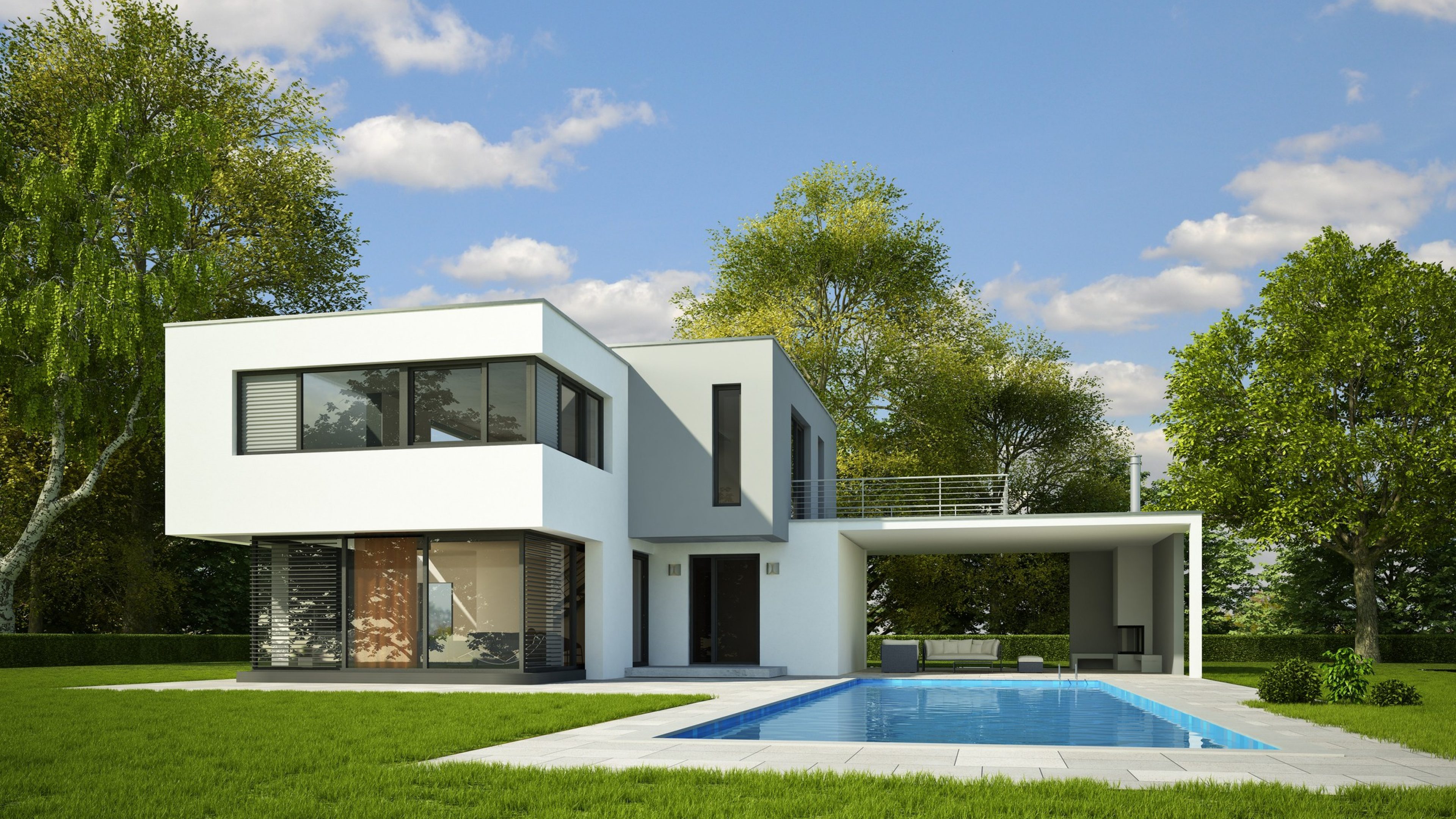 3d rendering of a modern cubic villa with swimming pool